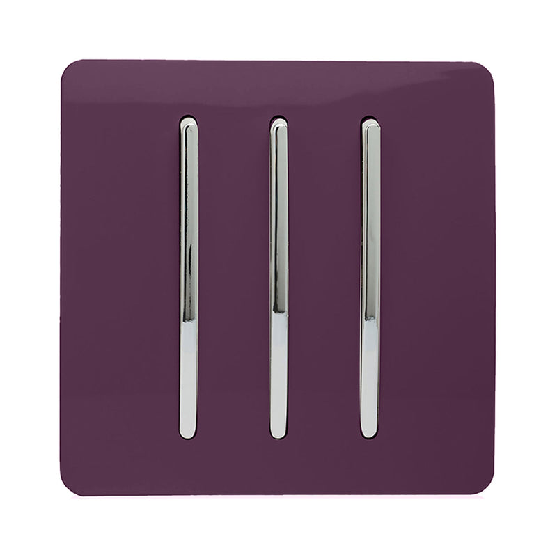 Trendi, Artistic Modern 3 Gang 2 Way 10 Amp Rocker Plum Finish, BRITISH MADE, (25mm Back Box Required), 5yrs Warranty • ART-SS6PL