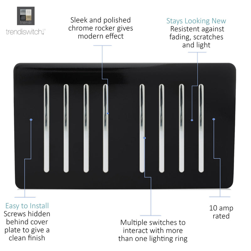 Trendi, Artistic Modern 8 Gang 2 Way 10 Amp Rocker Twin Plate Gloss Black Finish, BRITISH MADE, (35mm Back Box Required), 5yrs Warranty • ART-SS88BK