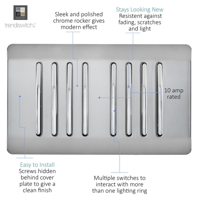 Trendi, Artistic Modern 8 Gang 2 Way 10 Amp Rocker Twin Plate Brushed Steel Finish, BRITISH MADE, (35mm Back Box Required), 5yrs Warranty • ART-SS88BS