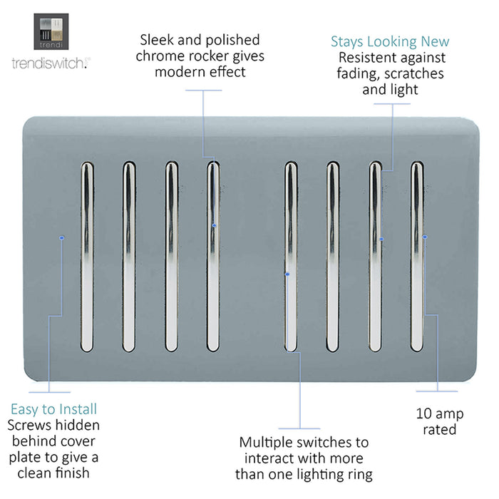 Trendi, Artistic Modern 8 Gang 2 Way 10 Amp Rocker Twin Plate Cool Grey Finish, BRITISH MADE, (35mm Back Box Required), 5yrs Warranty • ART-SS88CG