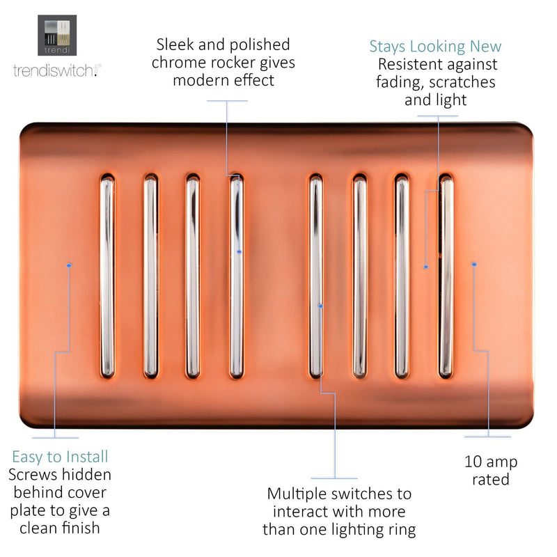 Trendi, Artistic Modern 8 Gang 2 Way 10 Amp Rocker Twin Plate Copper Finish, BRITISH MADE, (35mm Back Box Required), 5yrs Warranty • ART-SS88CPR