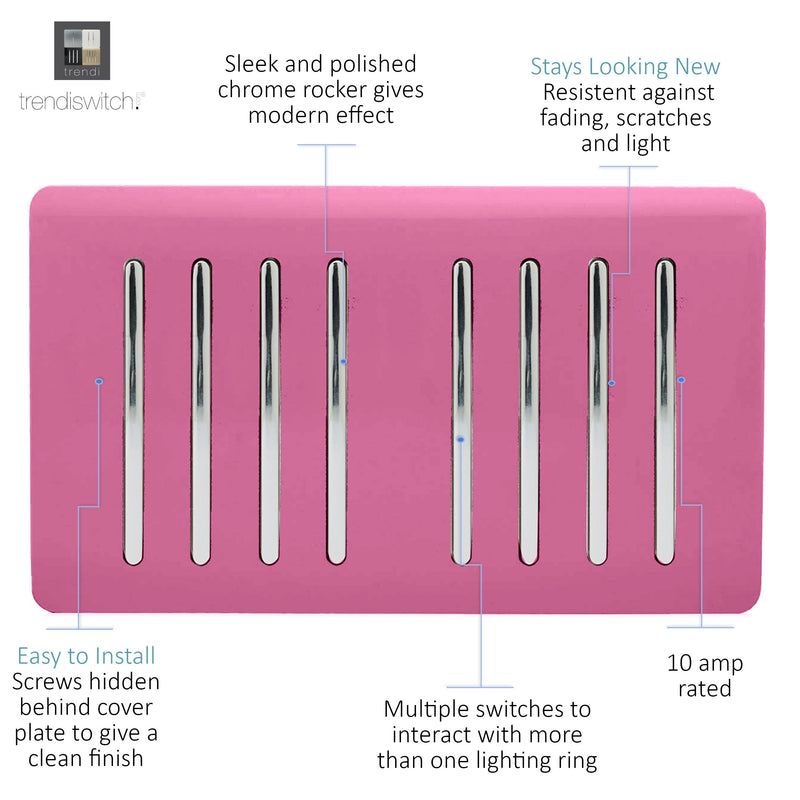 Trendi, Artistic Modern 8 Gang 2 Way 10 Amp Rocker Twin Plate Pink Finish, BRITISH MADE, (35mm Back Box Required), 5yrs Warranty • ART-SS88PK