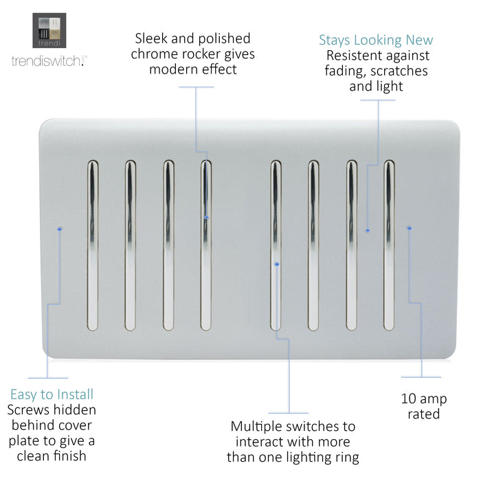 Trendi, Artistic Modern 8 Gang 2 Way 10 Amp Rocker Twin Plate Silver Finish, BRITISH MADE, (35mm Back Box Required), 5yrs Warranty • ART-SS88SI