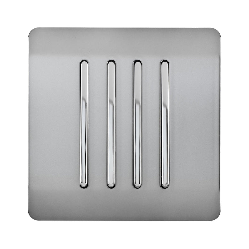 Trendi, Artistic Modern 4 Gang 2 Way 10 Amp Rocker Brushed Steel Finish, BRITISH MADE, (25mm Back Box Required), 5yrs Warranty • ART-SS8BS