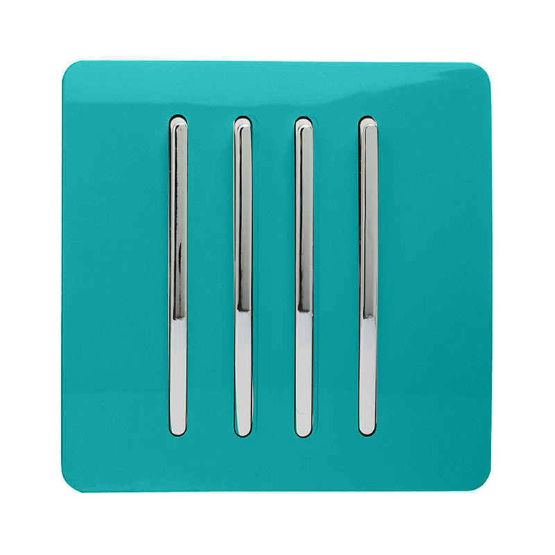 Trendi, Artistic Modern 4 Gang 2 Way 10 Amp Rocker Bright Teal Finish, BRITISH MADE, (25mm Back Box Required), 5yrs Warranty • ART-SS8BT