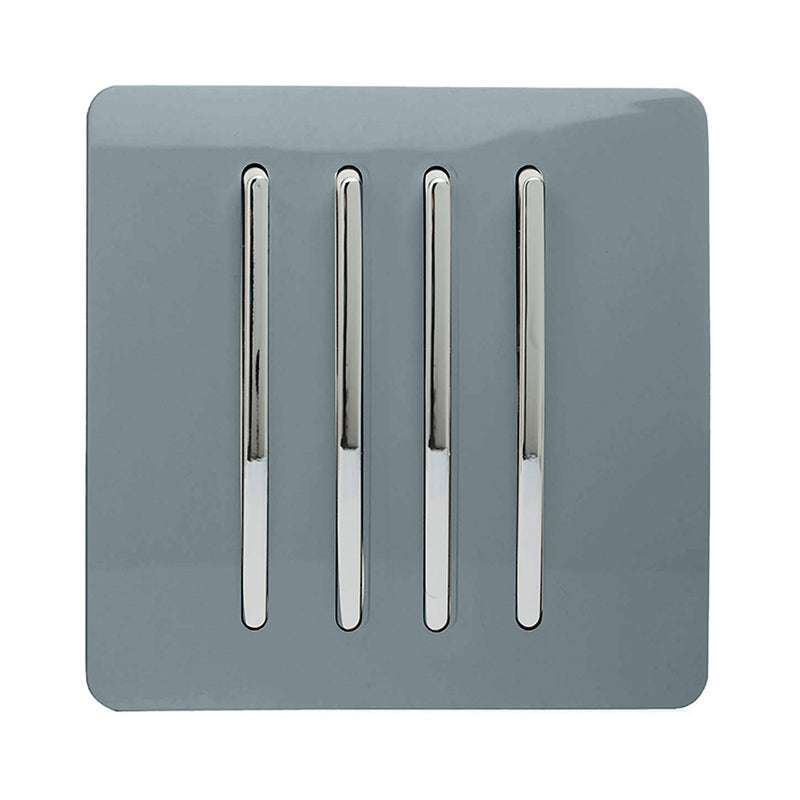 Trendi, Artistic Modern 4 Gang 2 Way 10 Amp Rocker Cool Grey Finish, BRITISH MADE, (25mm Back Box Required), 5yrs Warranty • ART-SS8CG