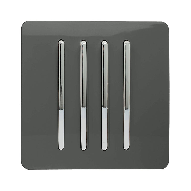 Trendi, Artistic Modern 4 Gang 2 Way 10 Amp Rocker Charcoal Finish, BRITISH MADE, (25mm Back Box Required), 5yrs Warranty • ART-SS8CH