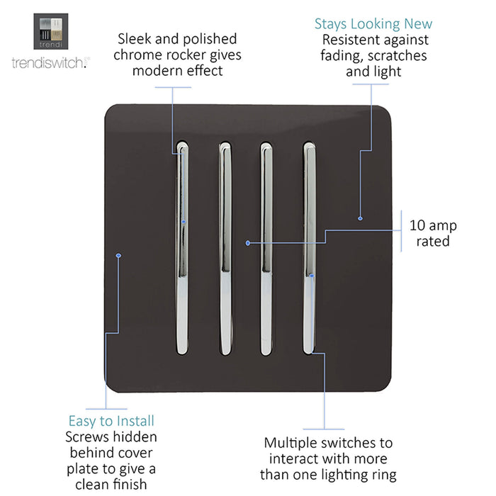 Trendi, Artistic Modern 4 Gang 2 Way 10 Amp Rocker Dark Brown Finish, BRITISH MADE, (25mm Back Box Required), 5yrs Warranty • ART-SS8DB