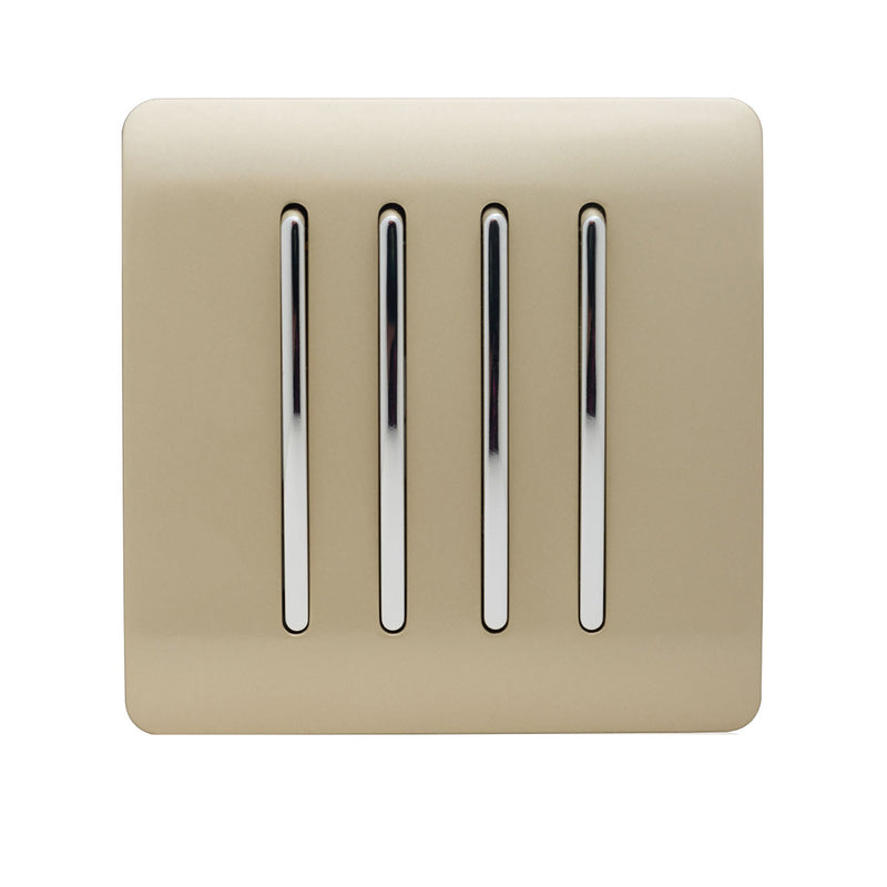 Trendi, Artistic Modern 4 Gang 2 Way 10 Amp Rocker Champagne Gold Finish, BRITISH MADE, (25mm Back Box Required), 5yrs Warranty • ART-SS8GO
