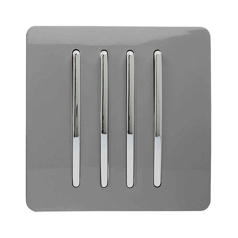Trendi, Artistic Modern 4 Gang 2 Way 10 Amp Rocker Light Grey Finish, BRITISH MADE, (25mm Back Box Required), 5yrs Warranty • ART-SS8LG