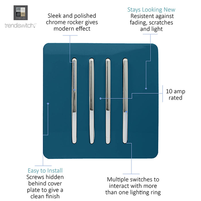 Trendi, Artistic Modern 4 Gang 2 Way 10 Amp Rocker Midnight Blue Finish, BRITISH MADE, (25mm Back Box Required), 5yrs Warranty • ART-SS8MD