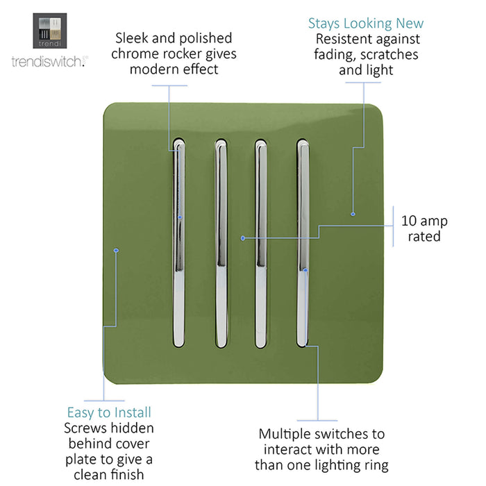 Trendi, Artistic Modern 4 Gang 2 Way 10 Amp Rocker Moss Green Finish, BRITISH MADE, (25mm Back Box Required), 5yrs Warranty • ART-SS8MG