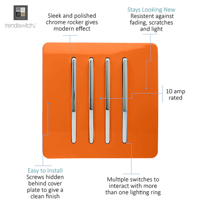 Trendi, Artistic Modern 4 Gang 2 Way 10 Amp Rocker Orange Finish, BRITISH MADE, (25mm Back Box Required), 5yrs Warranty • ART-SS8OR