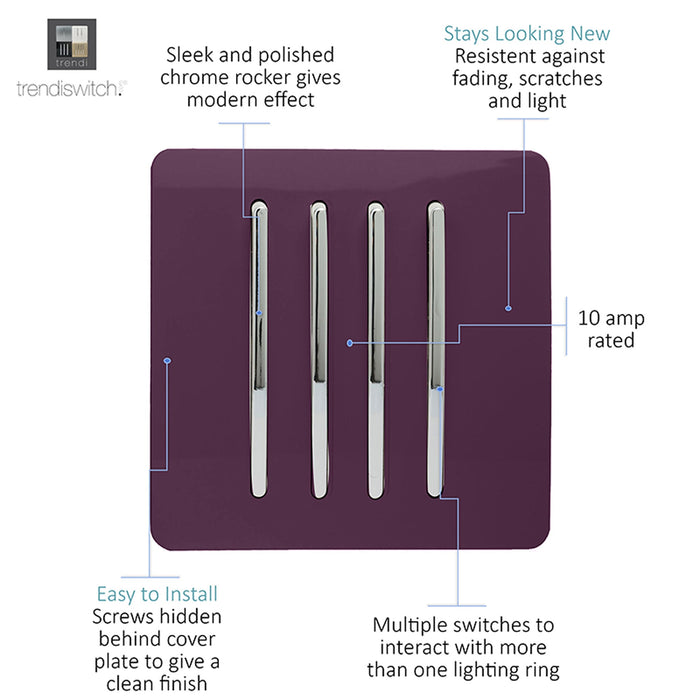 Trendi, Artistic Modern 4 Gang 2 Way 10 Amp Rocker Plum Finish, BRITISH MADE, (25mm Back Box Required), 5yrs Warranty • ART-SS8PL