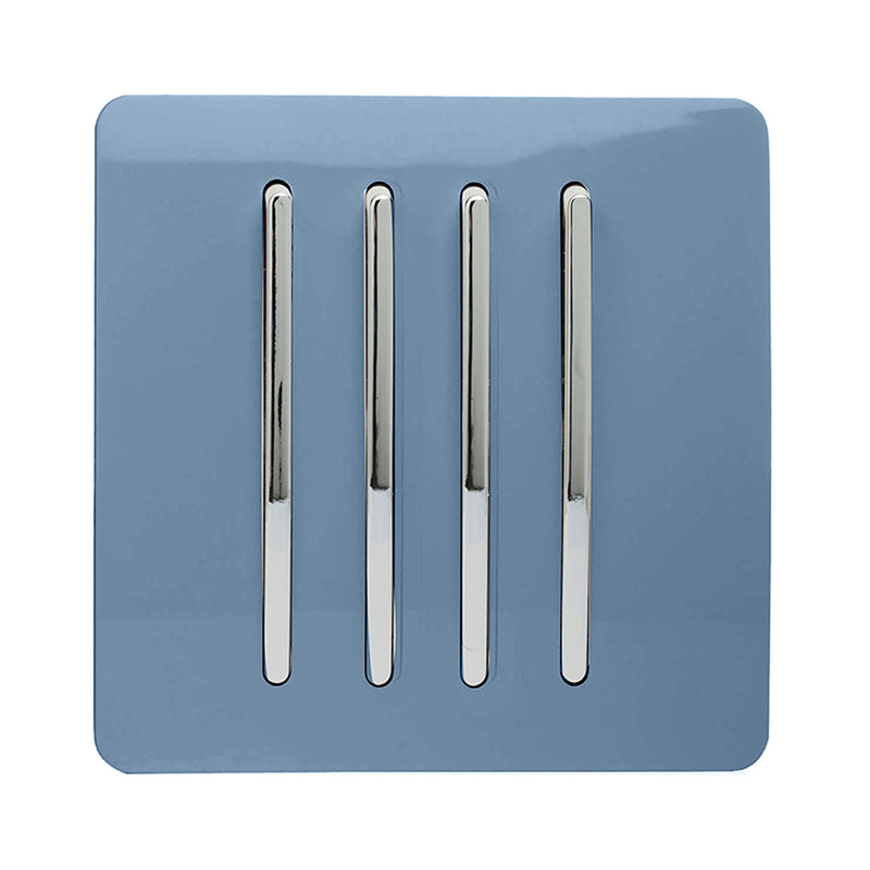 Trendi, Artistic Modern 4 Gang 2 Way 10 Amp Rocker Sky Finish, BRITISH MADE, (25mm Back Box Required), 5yrs Warranty • ART-SS8SK