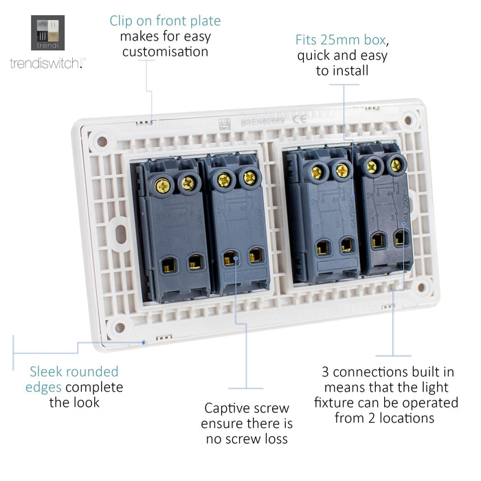 Trendi, Artistic Modern 4 Gang (4xIntermediate) 10 Amp Rocker Gloss White Finish, BRITISH MADE, (25mm Back Box Required), 5yrs Warranty • ART-SS9999WH