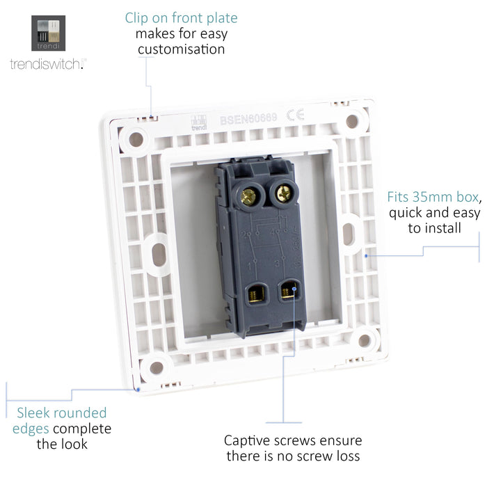 Trendi, Artistic Modern 1 Gang 3 Way Intermediate Gloss White Finish, BRITISH MADE, (25mm Back Box Required), 5yrs Warranty • ART-SS9WH
