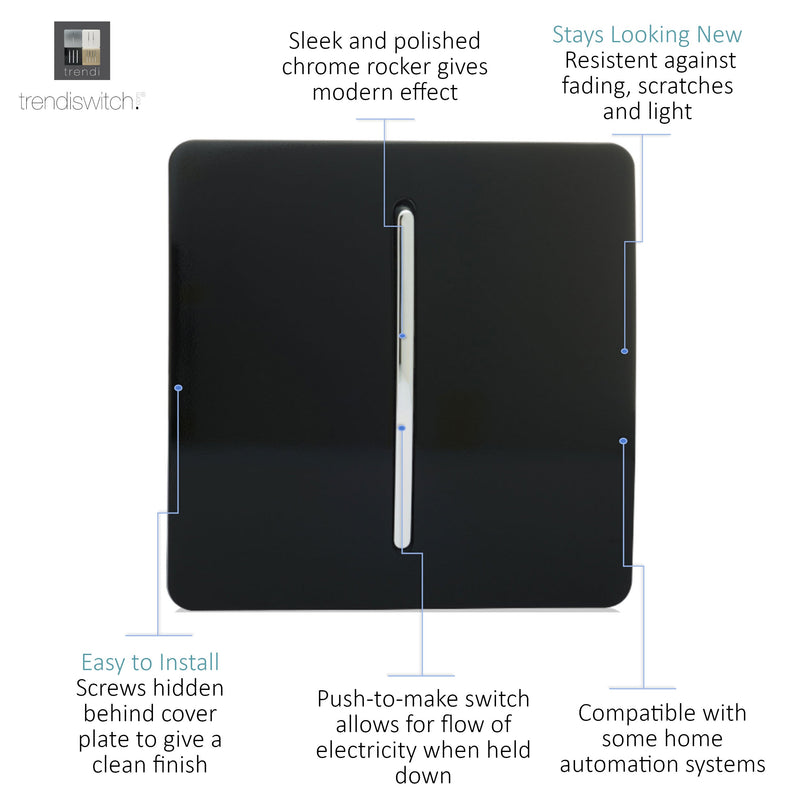 Trendi, Artistic Modern 1 Gang Retractive Home Auto.Switch Gloss Black Finish, BRITISH MADE, (25mm Back Box Required), 5yrs Warranty • ART-SSR1BK