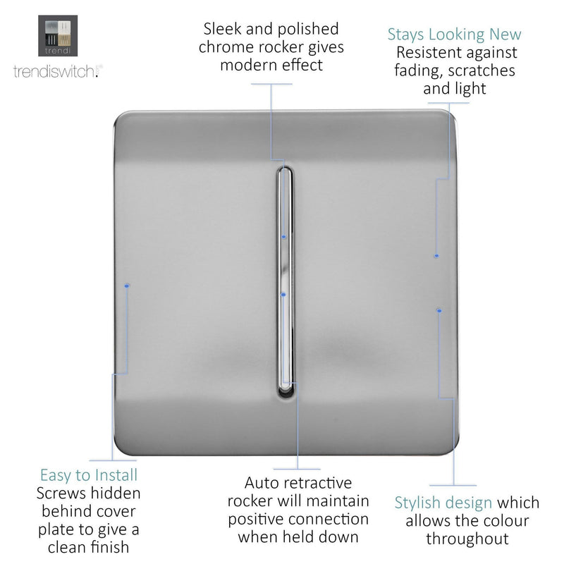 Trendi, Artistic Modern 1 Gang Retractive Home Auto.Switch Brushed Steel Finish, BRITISH MADE, (25mm Back Box Required), 5yrs Warranty • ART-SSR1BS
