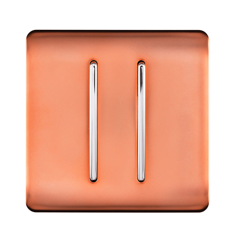 Trendi, Artistic Modern 2 Gang Retractive Home Auto.Switch Copper Finish, BRITISH MADE, (25mm Back Box Required), 5yrs Warranty • ART-SSR2CPR