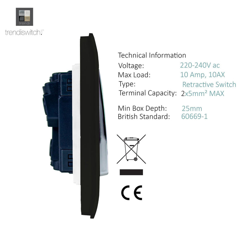 Trendi, Artistic Modern 2 Gang Retractive Home Auto.Switch Matt Black Finish, BRITISH MADE, (25mm Back Box Required), 5yrs Warranty • ART-SSR2MBK