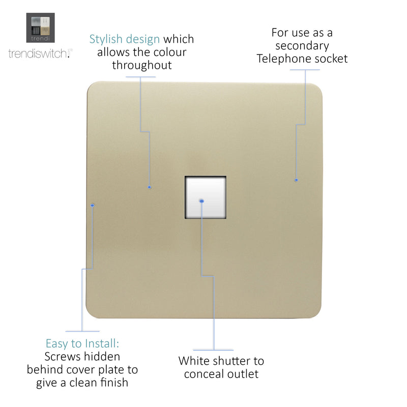 Trendi, Artistic Modern 1 Gang RJ11 Telephone Champagne Gold Finish, BRITISH MADE, (35mm Back Box Required), 5yrs Warranty • ART-TLPGO