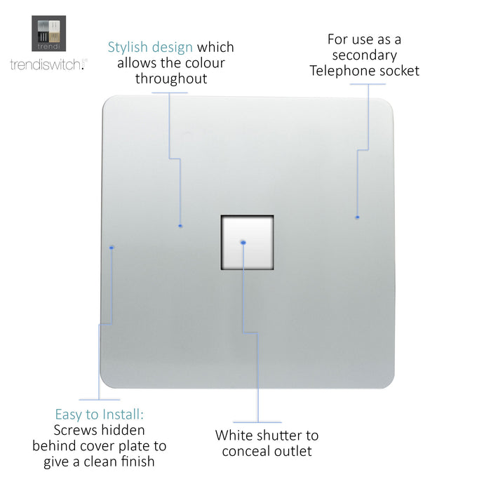 Trendi, Artistic Modern 1 Gang RJ11 Telephone Silver Finish, BRITISH MADE, (35mm Back Box Required), 5yrs Warranty • ART-TLPSI