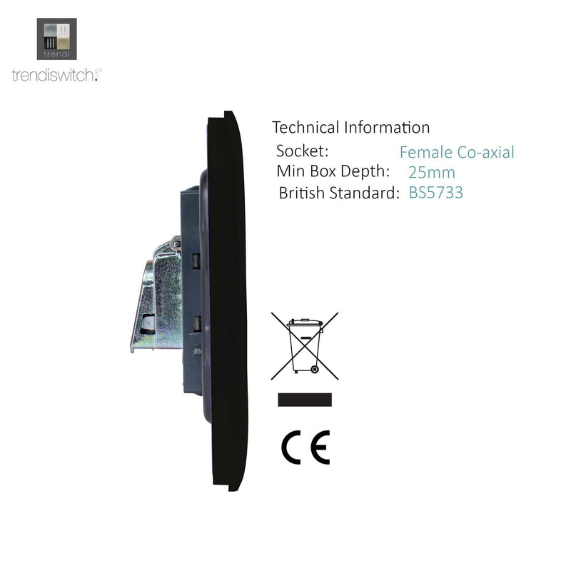 Trendi, Artistic Modern TV Co-Axial 1 Gang Gloss Black Finish, BRITISH MADE, (25mm Back Box Required), 5yrs Warranty • ART-TVSBK