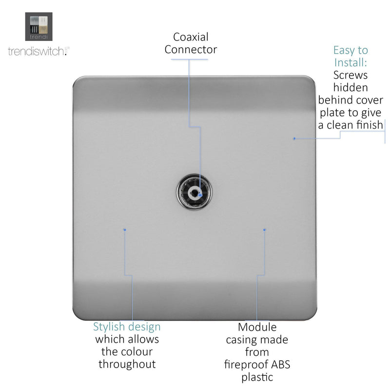 Trendi, Artistic Modern TV Co-Axial 1 Gang Brushed Steel Finish, BRITISH MADE, (25mm Back Box Required), 5yrs Warranty • ART-TVSBS