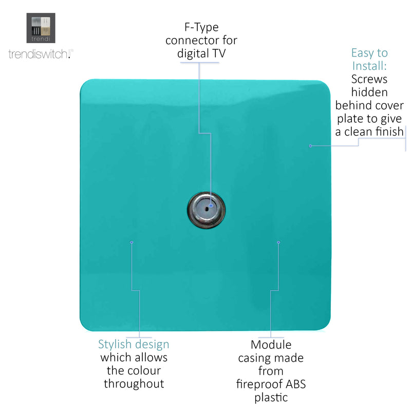 Trendi, Artistic Modern TV Co-Axial 1 Gang Bright Teal Finish, BRITISH MADE, (25mm Back Box Required), 5yrs Warranty • ART-TVSBT