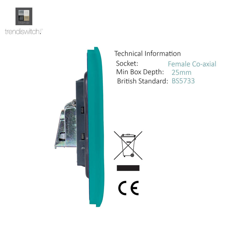 Trendi, Artistic Modern TV Co-Axial 1 Gang Bright Teal Finish, BRITISH MADE, (25mm Back Box Required), 5yrs Warranty • ART-TVSBT