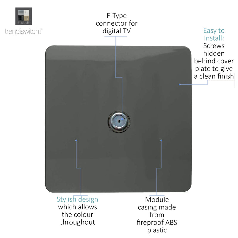 Trendi, Artistic Modern TV Co-Axial 1 Gang Charcoal Finish, BRITISH MADE, (25mm Back Box Required), 5yrs Warranty • ART-TVSCH