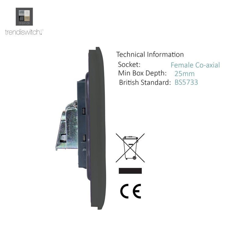 Trendi, Artistic Modern TV Co-Axial 1 Gang Charcoal Finish, BRITISH MADE, (25mm Back Box Required), 5yrs Warranty • ART-TVSCH