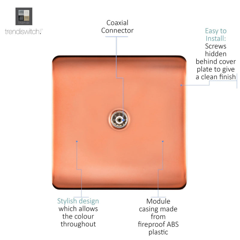 Trendi, Artistic Modern TV Co-Axial 1 Gang Copper Finish, BRITISH MADE, (25mm Back Box Required), 5yrs Warranty • ART-TVSCPR