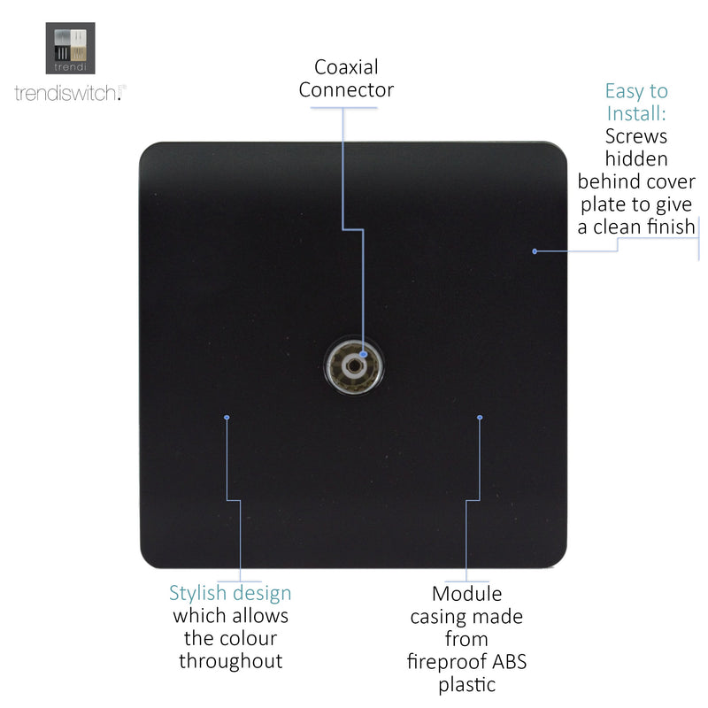 Trendi, Artistic Modern TV Co-Axial 1 Gang Matt Black Finish, BRITISH MADE, (25mm Back Box Required), 5yrs Warranty • ART-TVSMBK