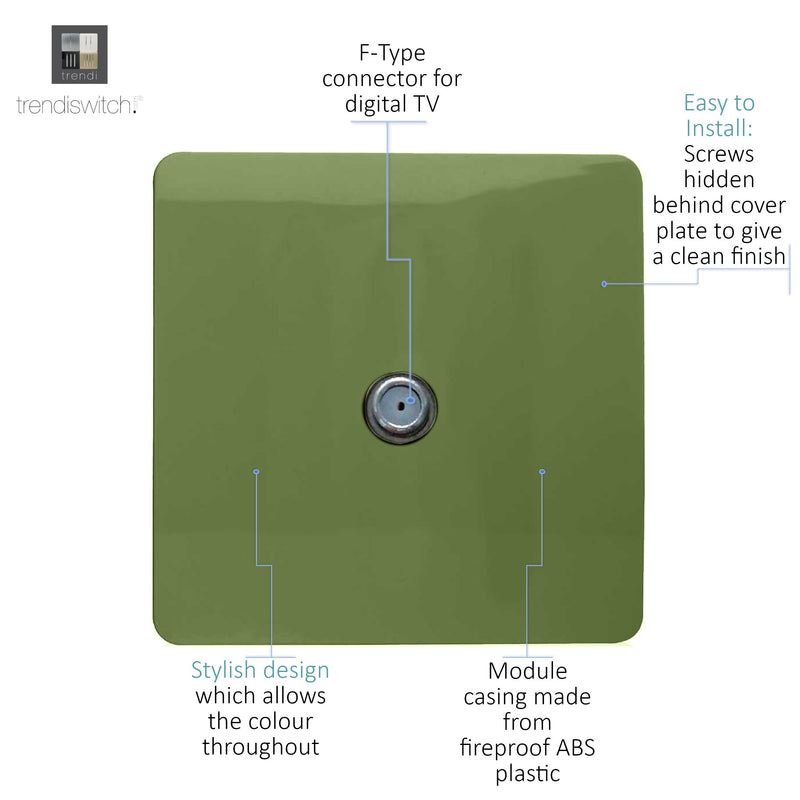 Trendi, Artistic Modern TV Co-Axial 1 Gang Moss Green Finish, BRITISH MADE, (25mm Back Box Required), 5yrs Warranty • ART-TVSMG
