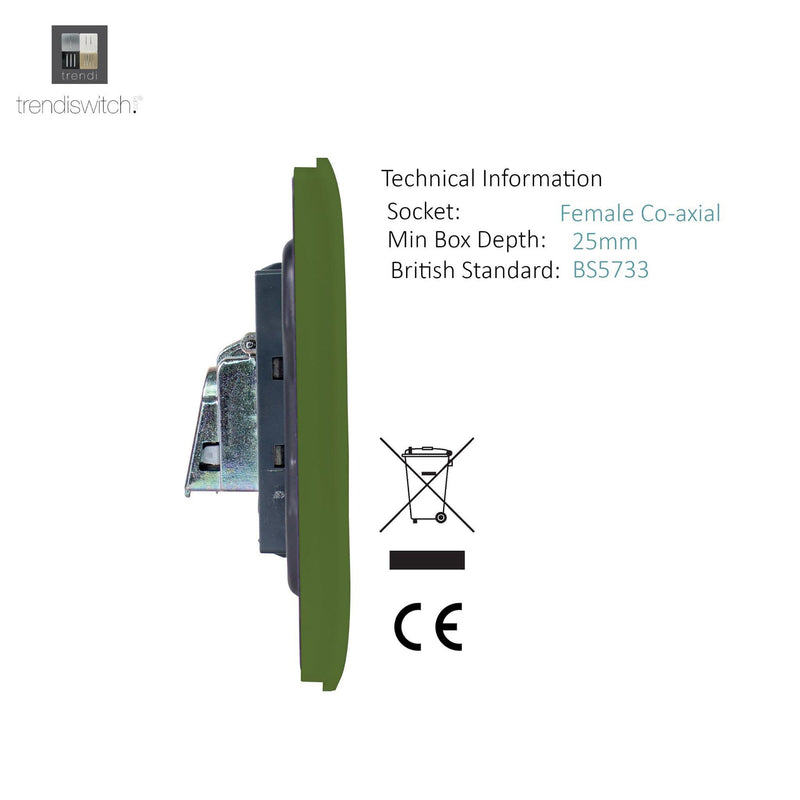 Trendi, Artistic Modern TV Co-Axial 1 Gang Moss Green Finish, BRITISH MADE, (25mm Back Box Required), 5yrs Warranty • ART-TVSMG