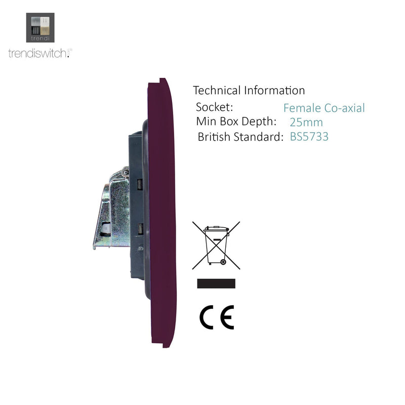 Trendi, Artistic Modern TV Co-Axial 1 Gang Plum Finish, BRITISH MADE, (25mm Back Box Required), 5yrs Warranty • ART-TVSPL