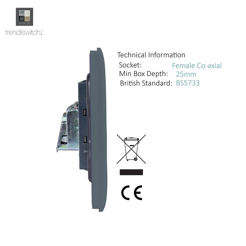 Trendi, Artistic Modern TV Co-Axial 1 Gang Warm Grey Finish, BRITISH MADE, (25mm Back Box Required), 5yrs Warranty • ART-TVSWG