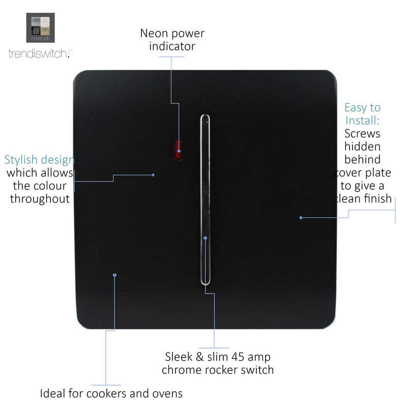 Trendi, Artistic Modern 20 Amp Neon Insert Double Pole Switch Gloss Black Finish, BRITISH MADE, (25mm Back Box Required), 5yrs Warranty • ART-WHS1BK
