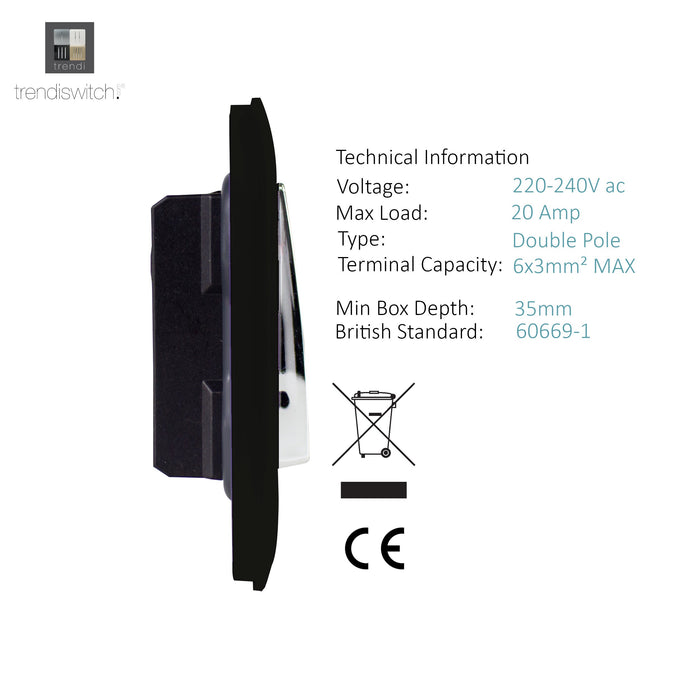 Trendi, Artistic Modern 45 Amp Neon Insert Double Pole Switch Gloss Black Finish, BRITISH MADE, (35mm Back Box Required), 5yrs Warranty • ART-WHS2BK
