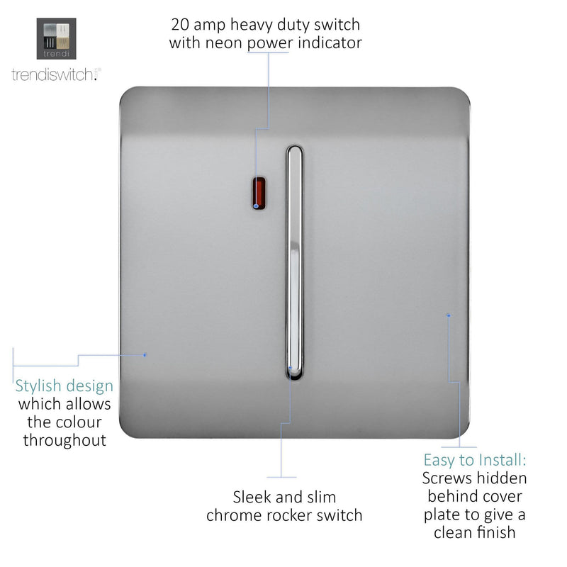 Trendi, Artistic Modern 20 Amp Neon Insert Double Pole Switch Brushed Steel Finish, BRITISH MADE, (25mm Back Box Required), 5yrs Warranty • ART-WHS1BS