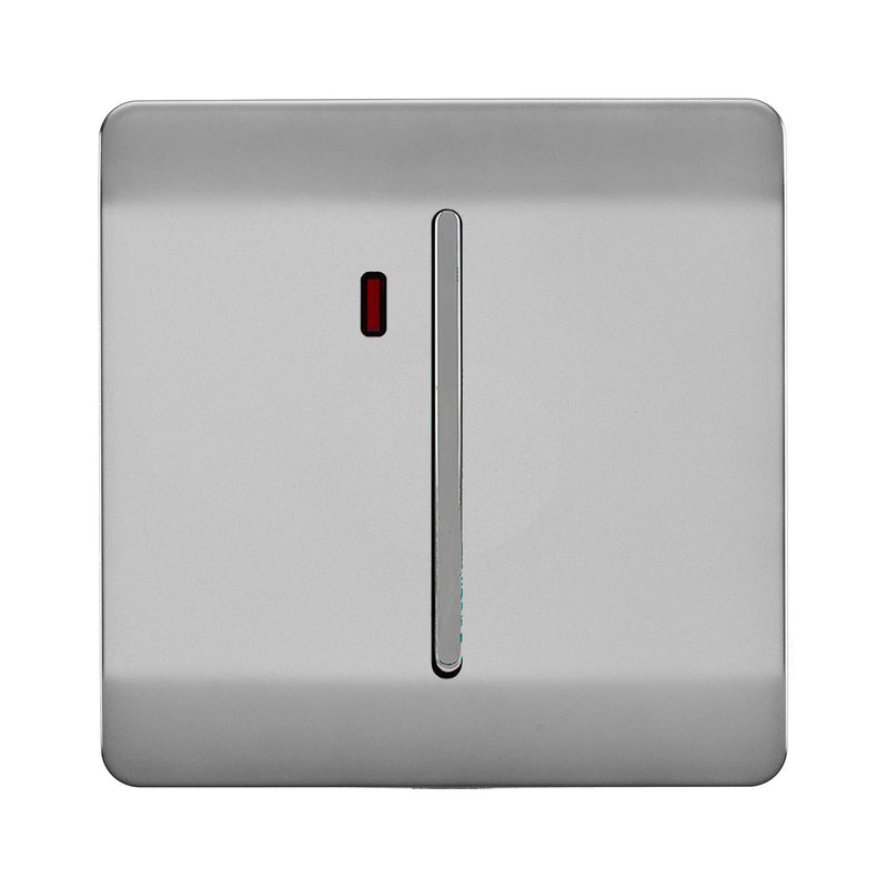 Trendi, Artistic Modern 45 Amp Neon Insert Double Pole Switch Brushed Steel Finish, BRITISH MADE, (35mm Back Box Required), 5yrs Warranty • ART-WHS2BS
