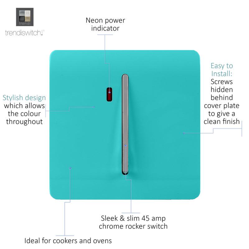Trendi, Artistic Modern 45 Amp Neon Insert Double Pole Switch Bright Teal Finish, BRITISH MADE, (35mm Back Box Required), 5yrs Warranty • ART-WHS2BT