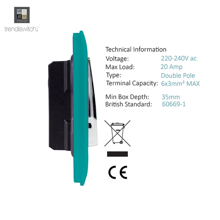 Trendi, Artistic Modern 20 Amp Neon Insert Double Pole Switch Bright Teal Finish, BRITISH MADE, (25mm Back Box Required), 5yrs Warranty • ART-WHS1BT