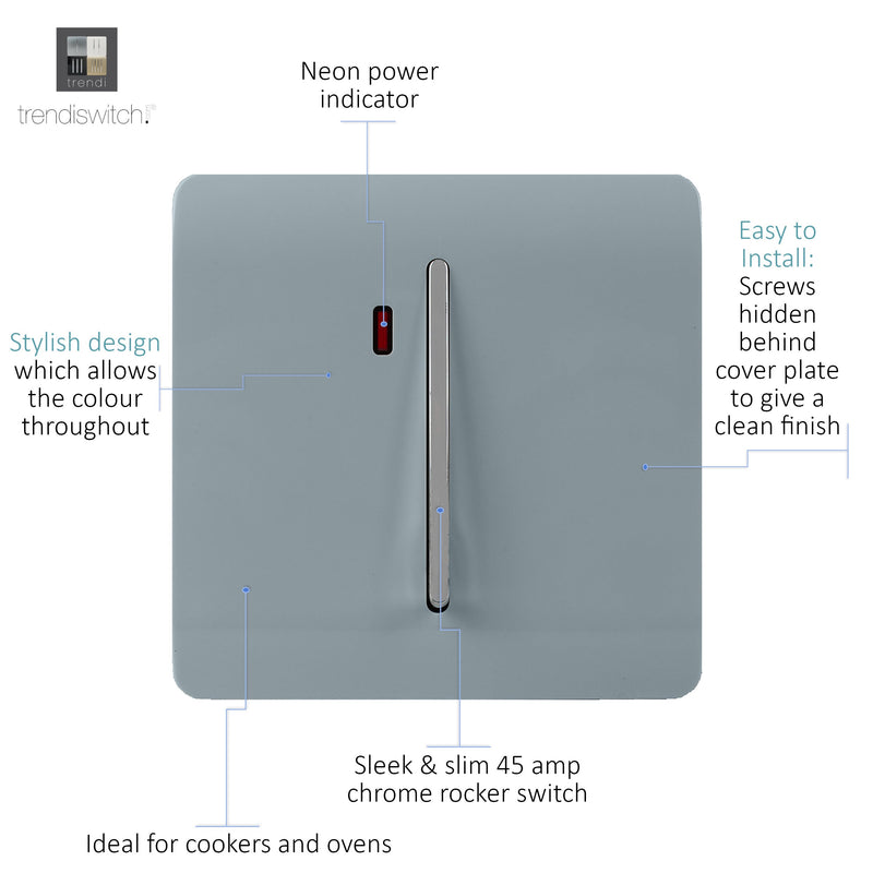 Trendi, Artistic Modern 45 Amp Neon Insert Double Pole Switch Cool Grey Finish, BRITISH MADE, (35mm Back Box Required), 5yrs Warranty • ART-WHS2CG