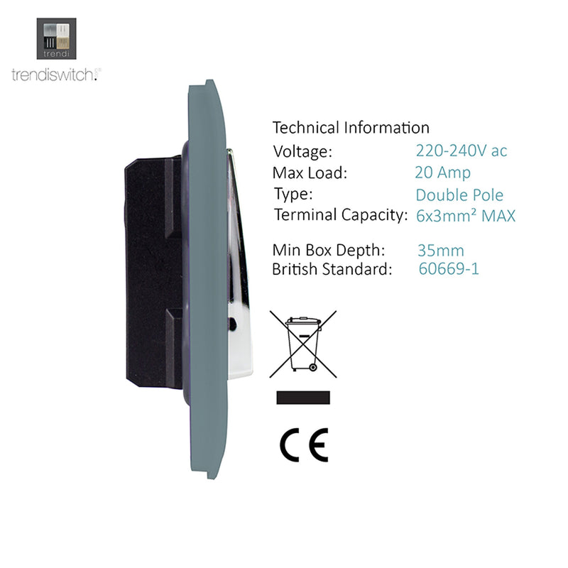 Trendi, Artistic Modern 45 Amp Neon Insert Double Pole Switch Cool Grey Finish, BRITISH MADE, (35mm Back Box Required), 5yrs Warranty • ART-WHS2CG
