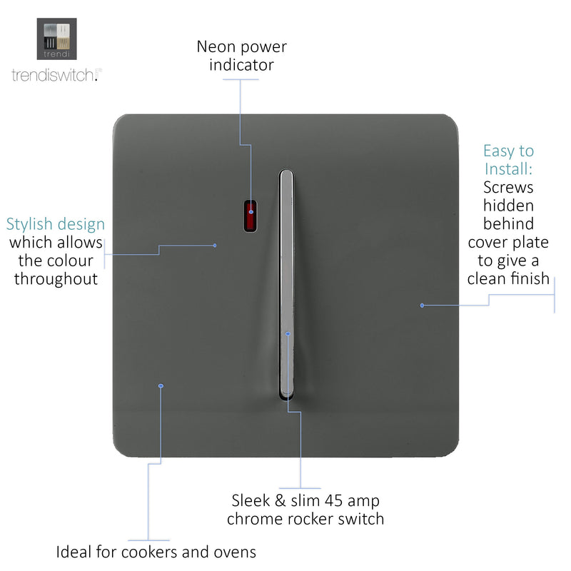 Trendi, Artistic Modern 45 Amp Neon Insert Double Pole Switch Charcoal Finish, BRITISH MADE, (35mm Back Box Required), 5yrs Warranty • ART-WHS2CH