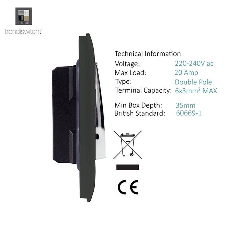 Trendi, Artistic Modern 45 Amp Neon Insert Double Pole Switch Charcoal Finish, BRITISH MADE, (35mm Back Box Required), 5yrs Warranty • ART-WHS2CH