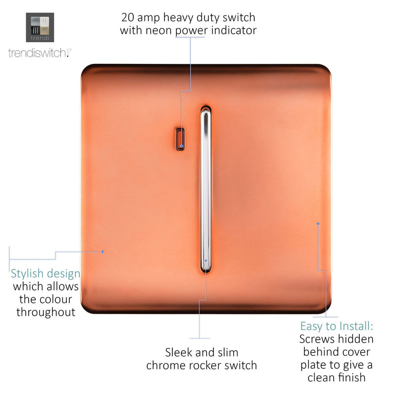Trendi, Artistic Modern 20 Amp Neon Insert Double Pole Switch Copper Finish, BRITISH MADE, (25mm Back Box Required), 5yrs Warranty • ART-WHS1CPR